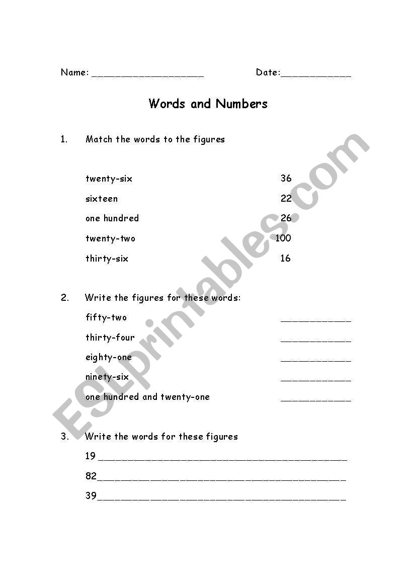 Words and Numbers worksheet