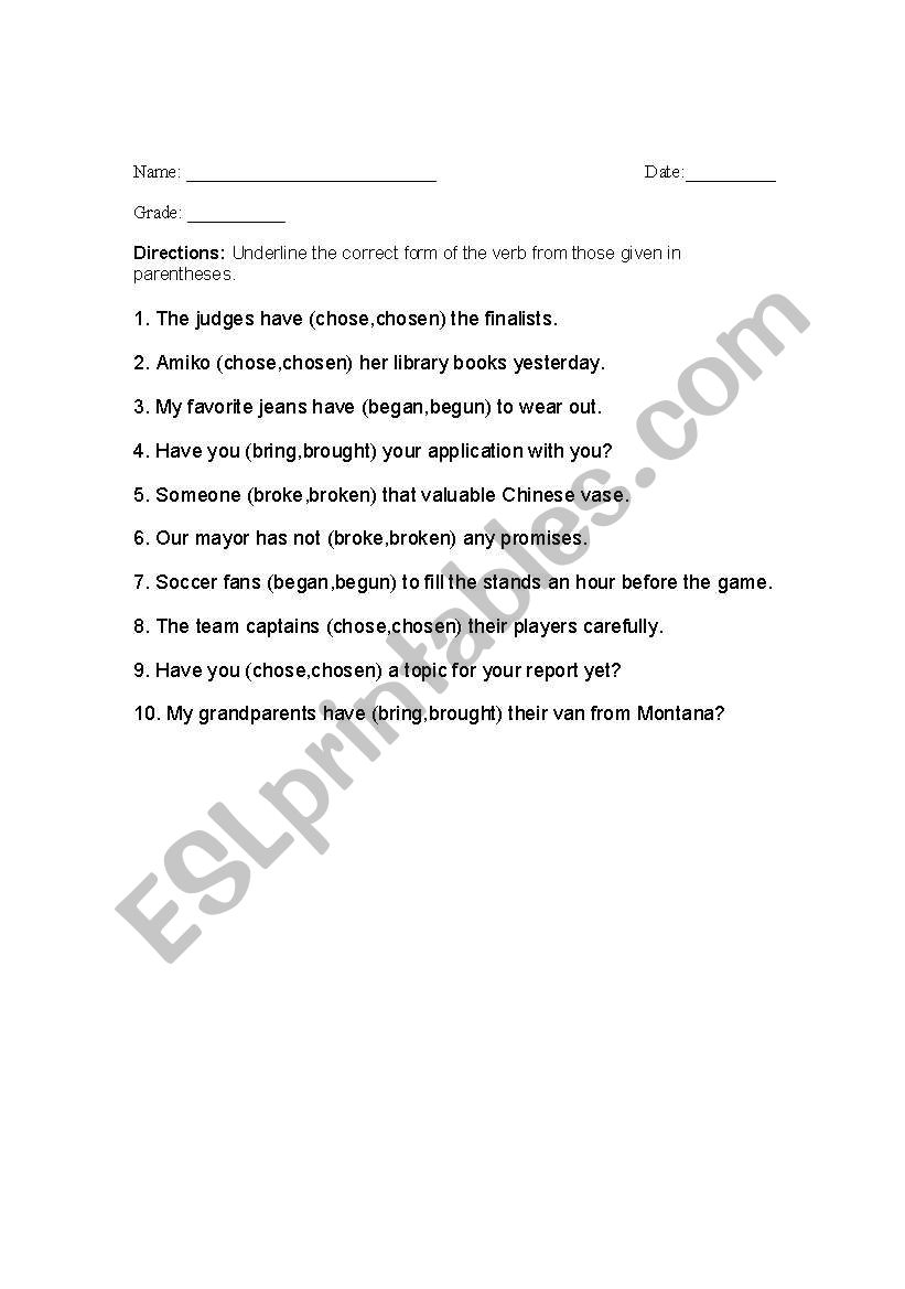 irregular verbs worksheet