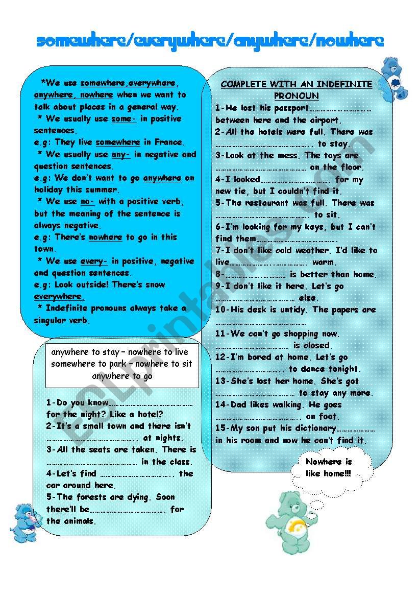 INDEFINITE PRONOUNS(-where) worksheet