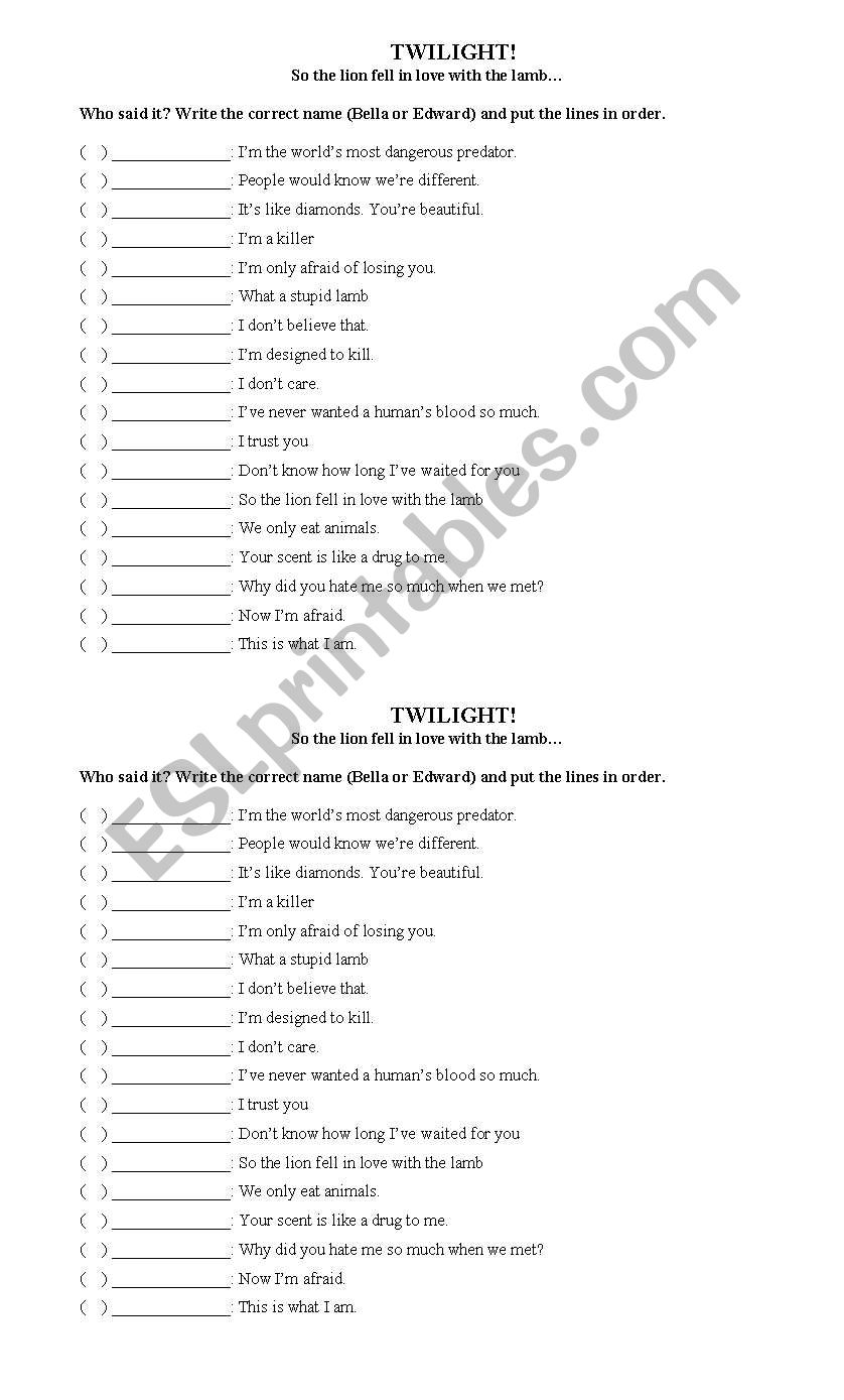 Twilight Part 3 worksheet