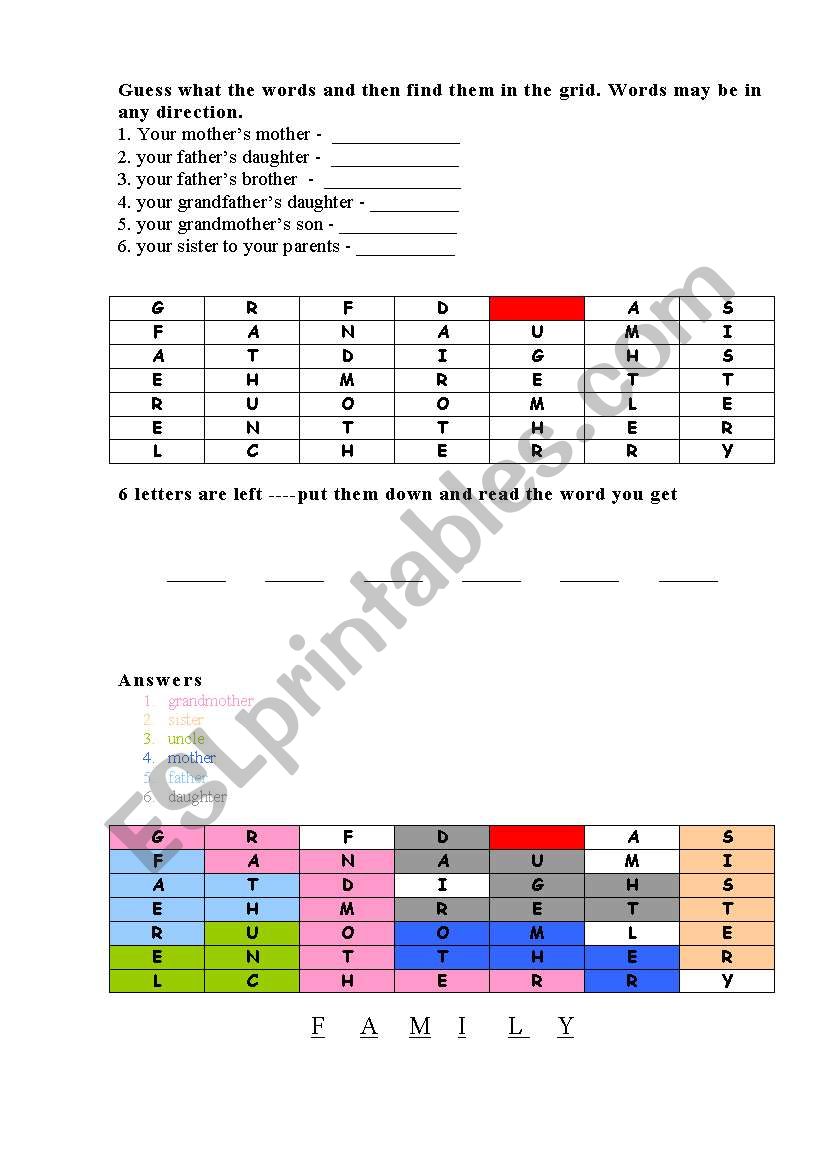 FAMILY crossword worksheet