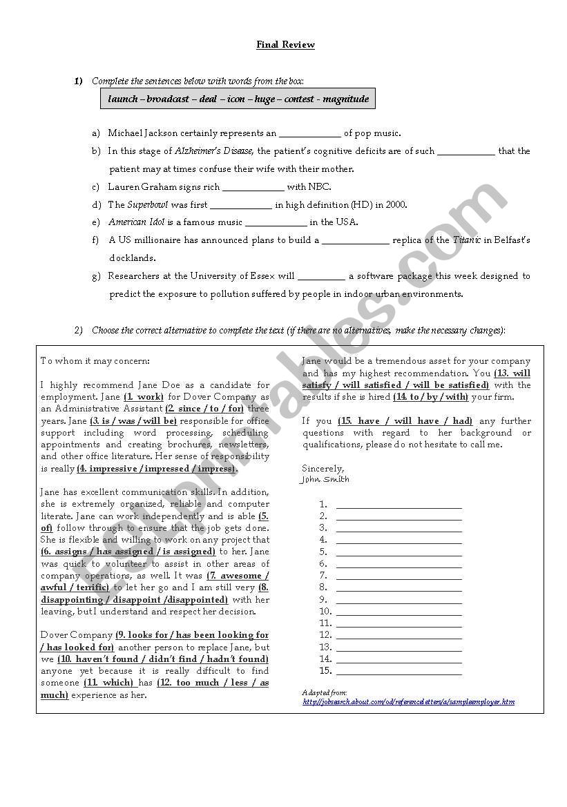 Grammar (tex) + vocabulary worksheet