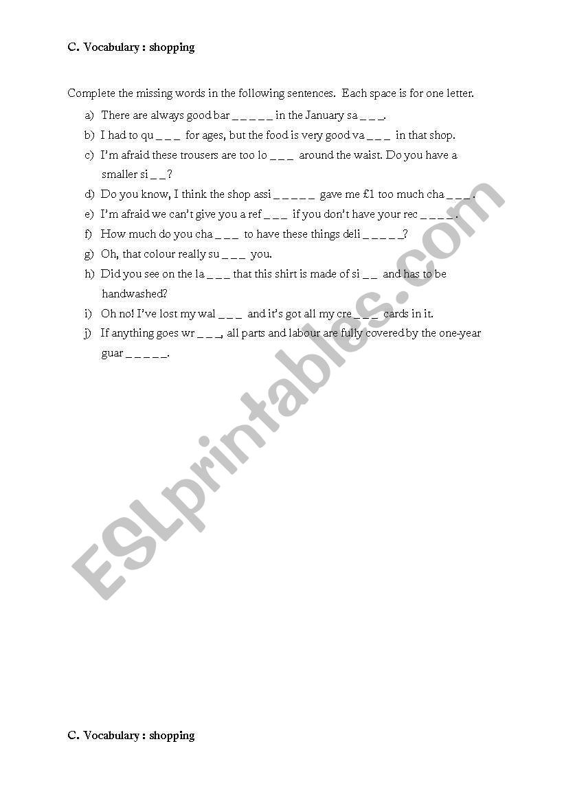 shopping worksheet