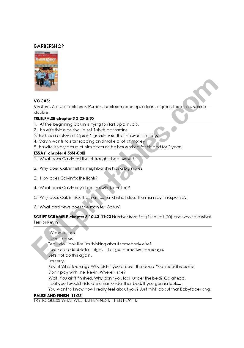 barbershop movie worksheet worksheet