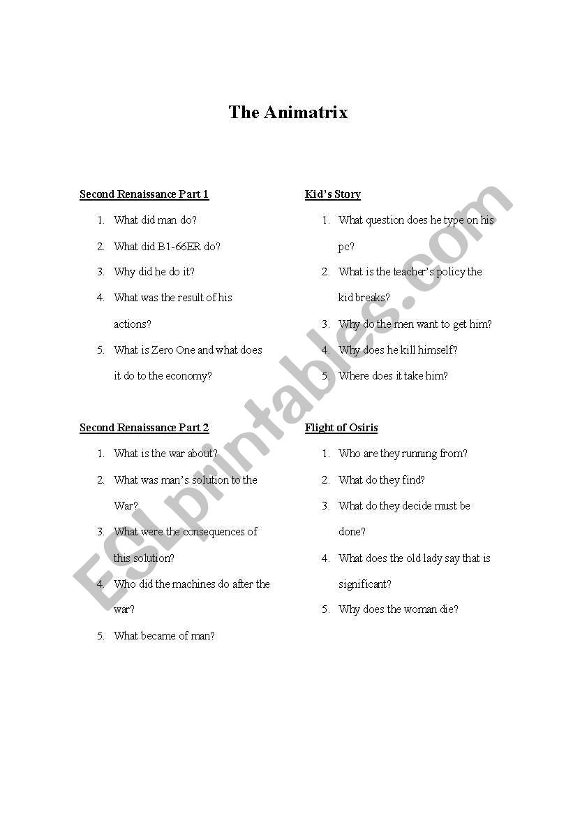 animatrix movie worksheet worksheet