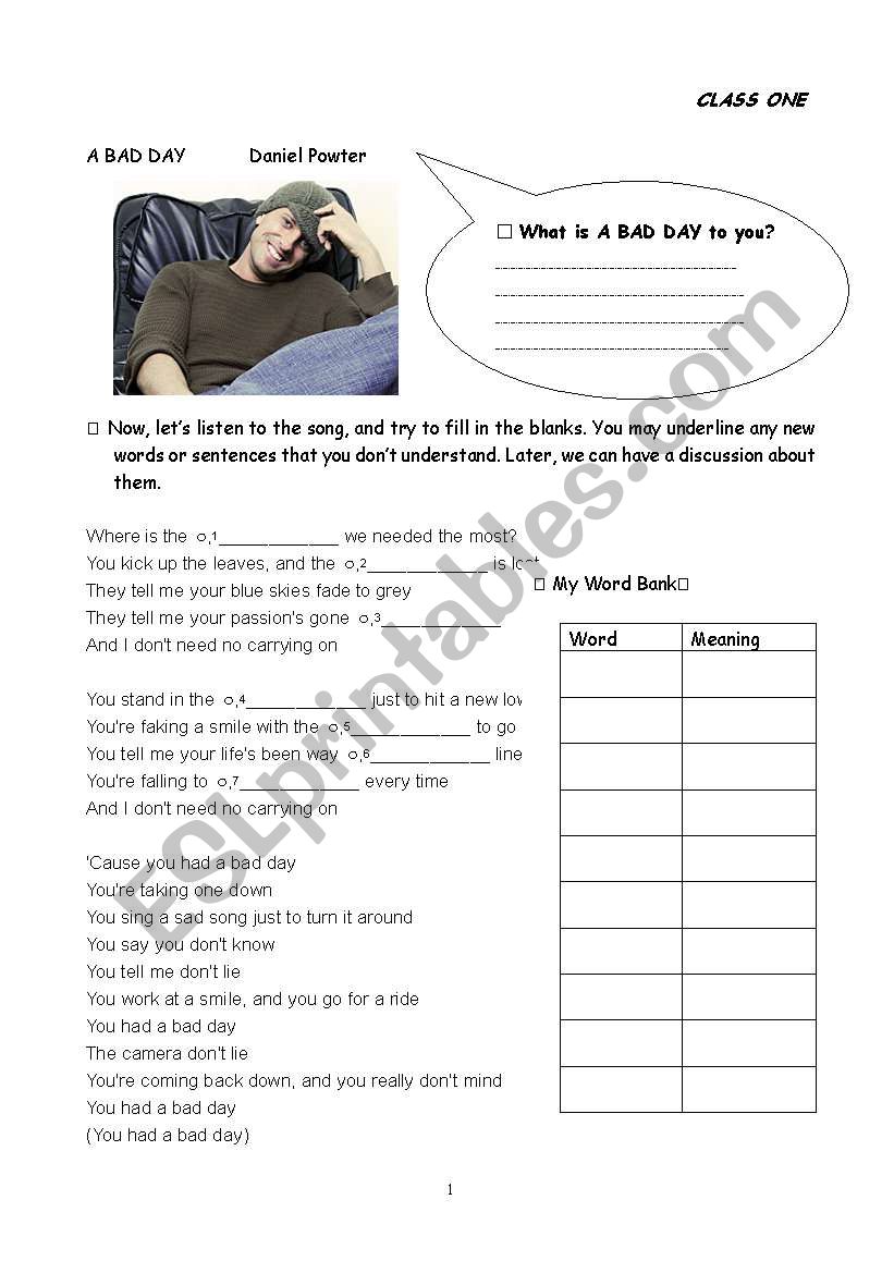 Bad Day worksheet