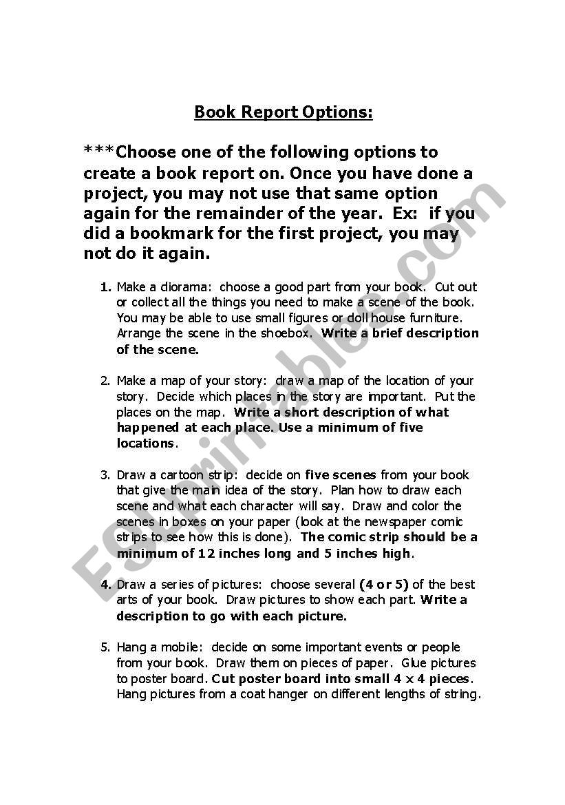 Book Report Options worksheet