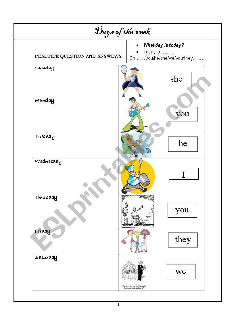 days of the  week worksheet