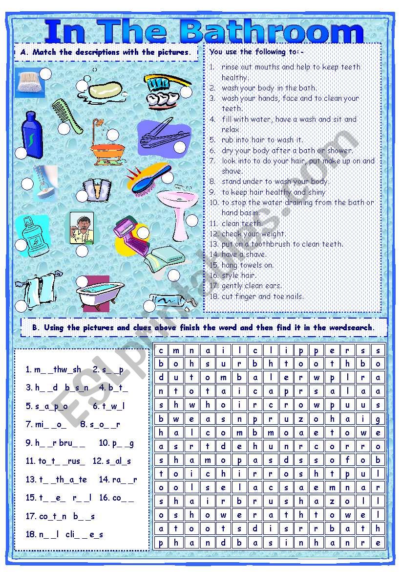 Match & Find In The Bathroom Worksheet