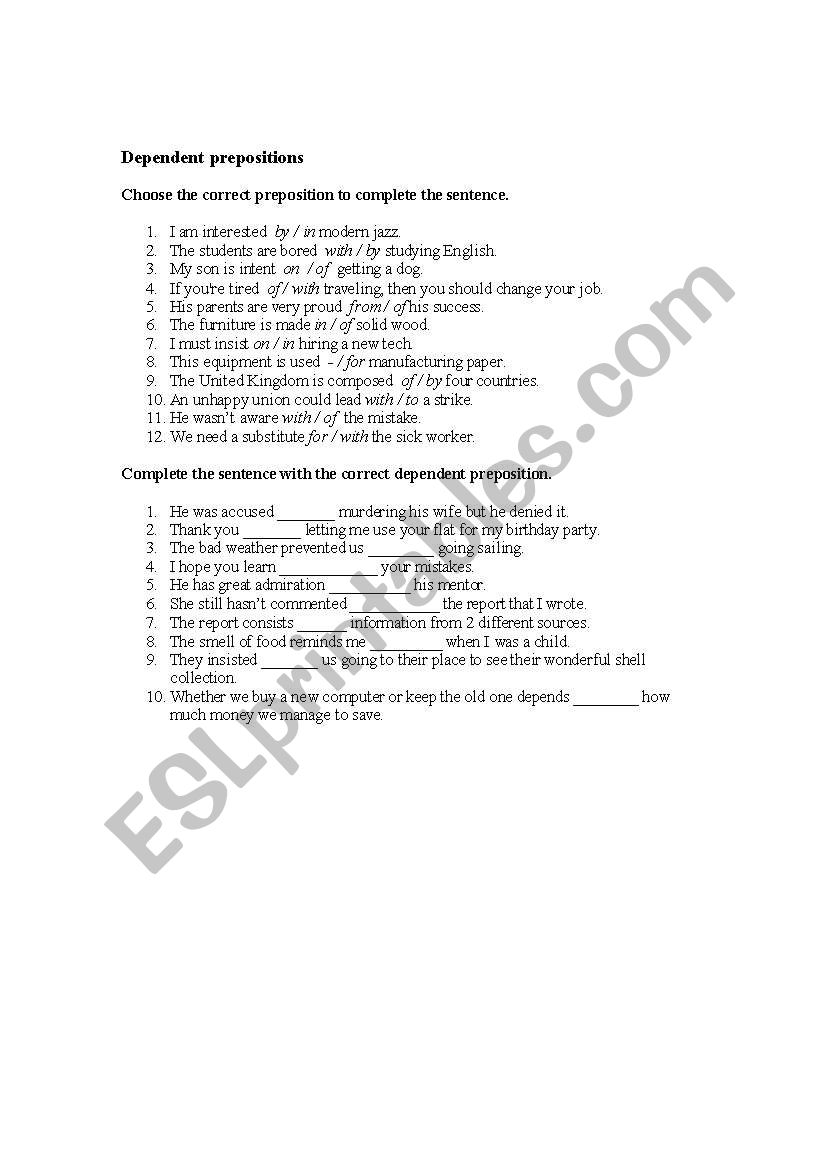 Dependent prepositions worksheet