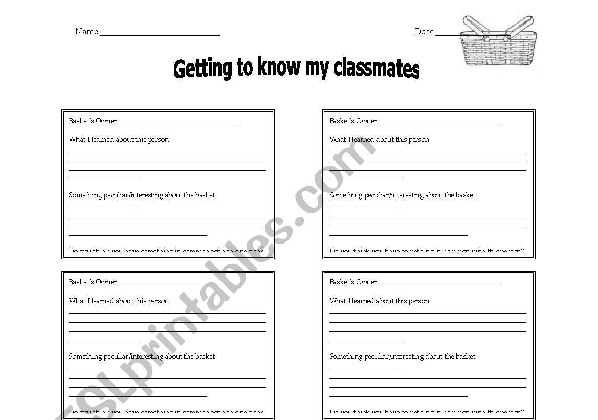 Getting to know my classmates worksheet