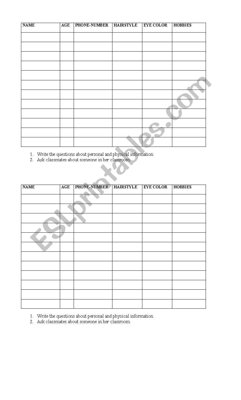 About your partner worksheet