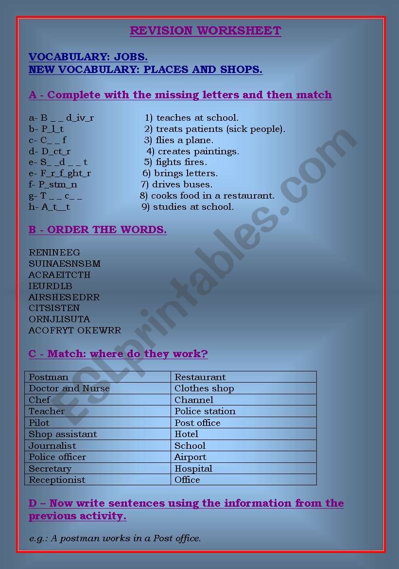 JOBS AND OCCUPATIONS worksheet