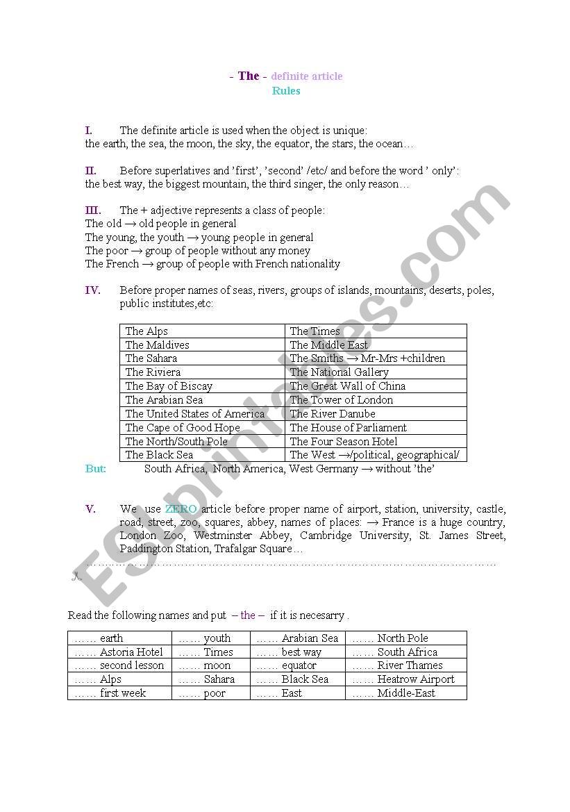 THE -definite article worksheet