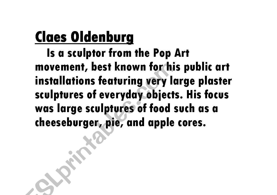 Claes Oldenburg worksheet