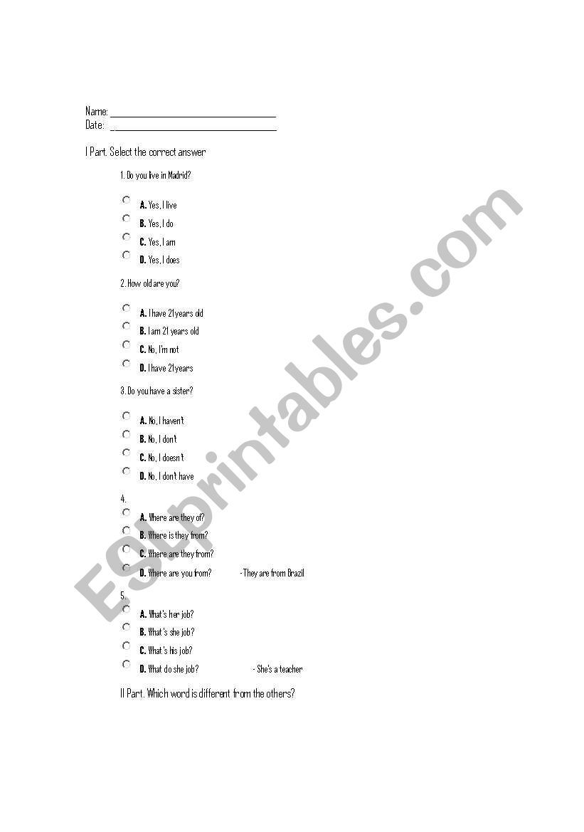 Beginners Test worksheet