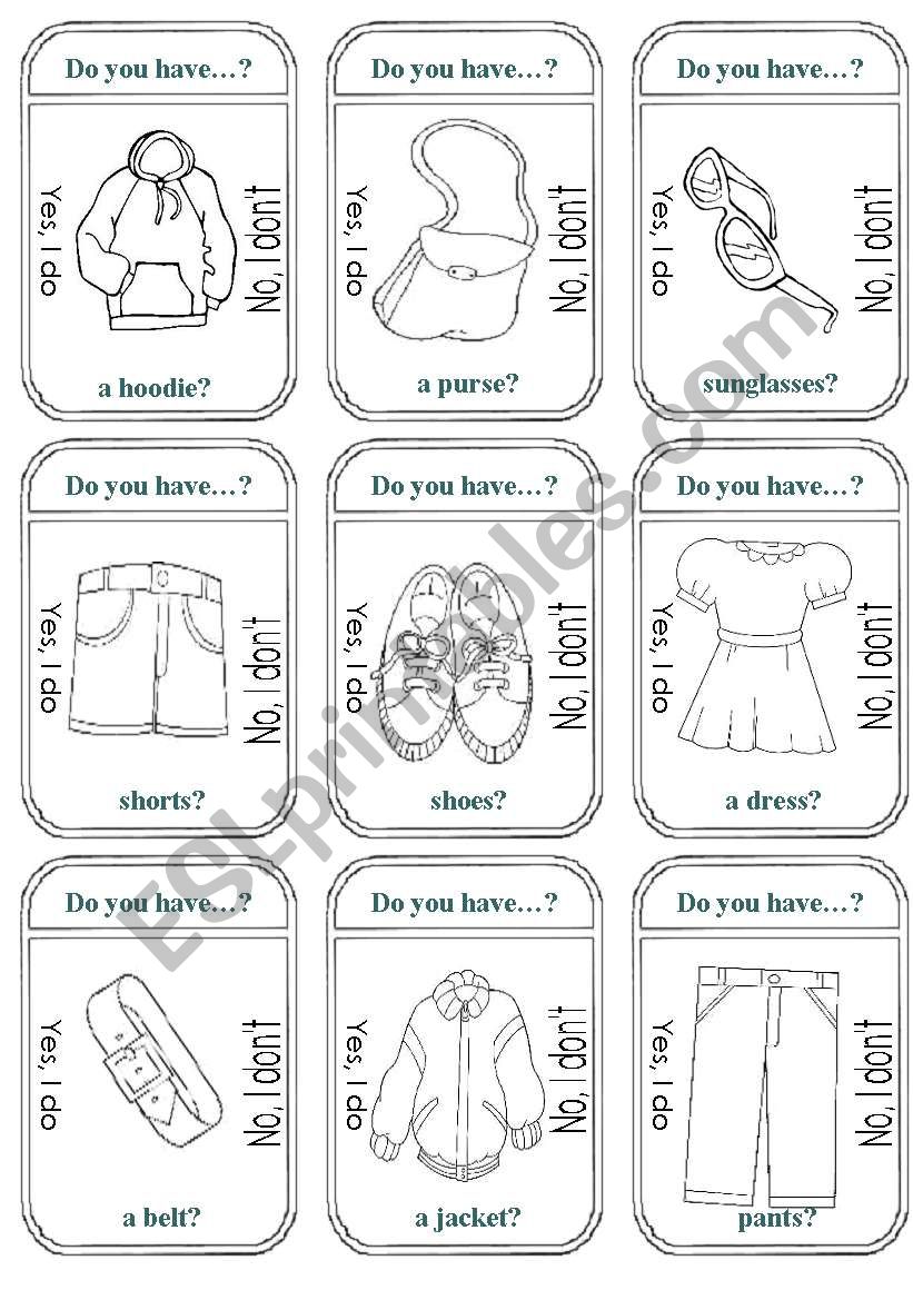 Clothes Game Cards (B&W) worksheet