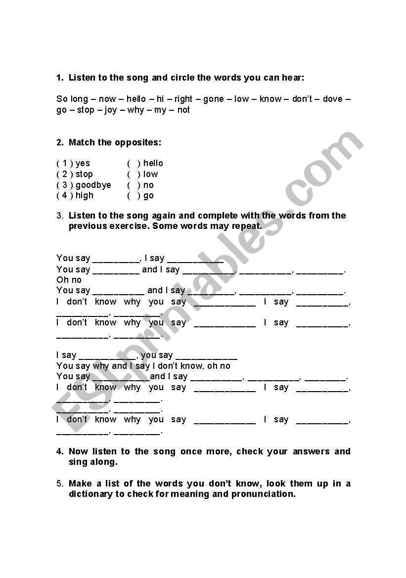 Hello, Goodbye Song Activity worksheet