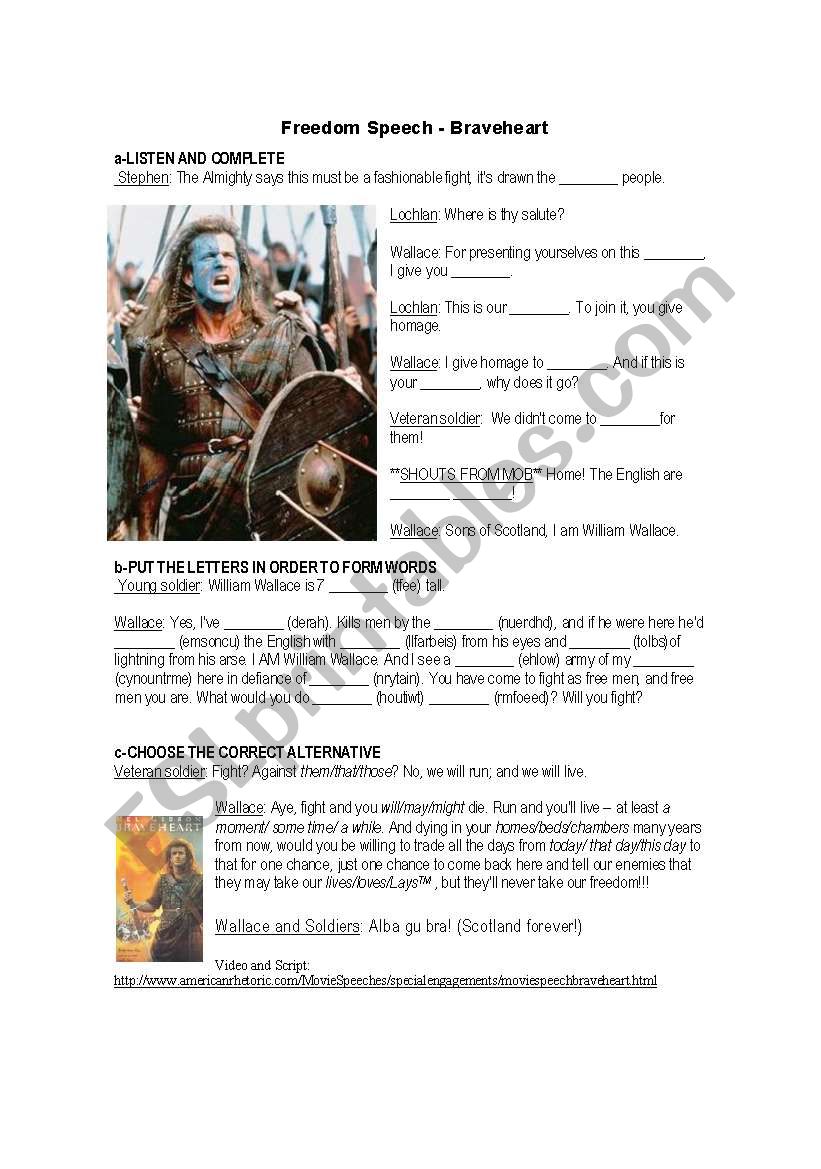 Braveheart Freedom Speech worksheet