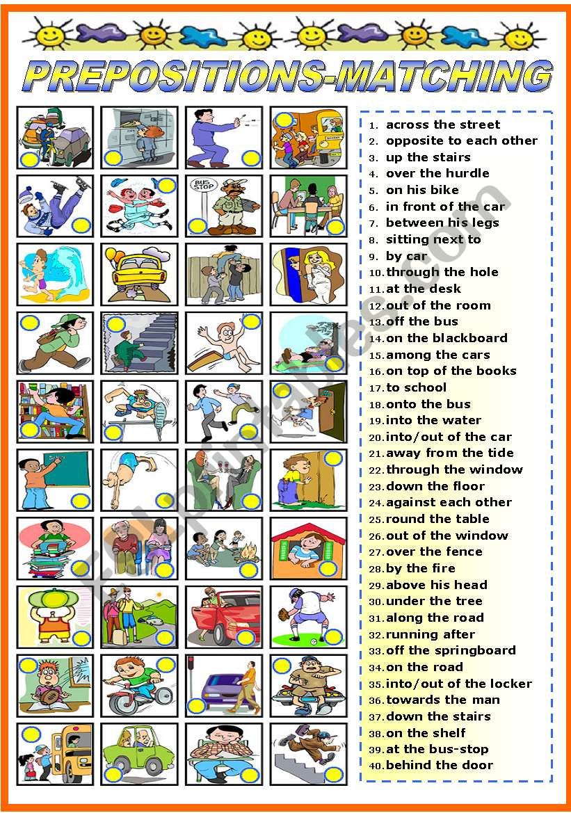 PREPOSITIONS-MATCHING EXRECISE (B&W VERSION INCLUDED)