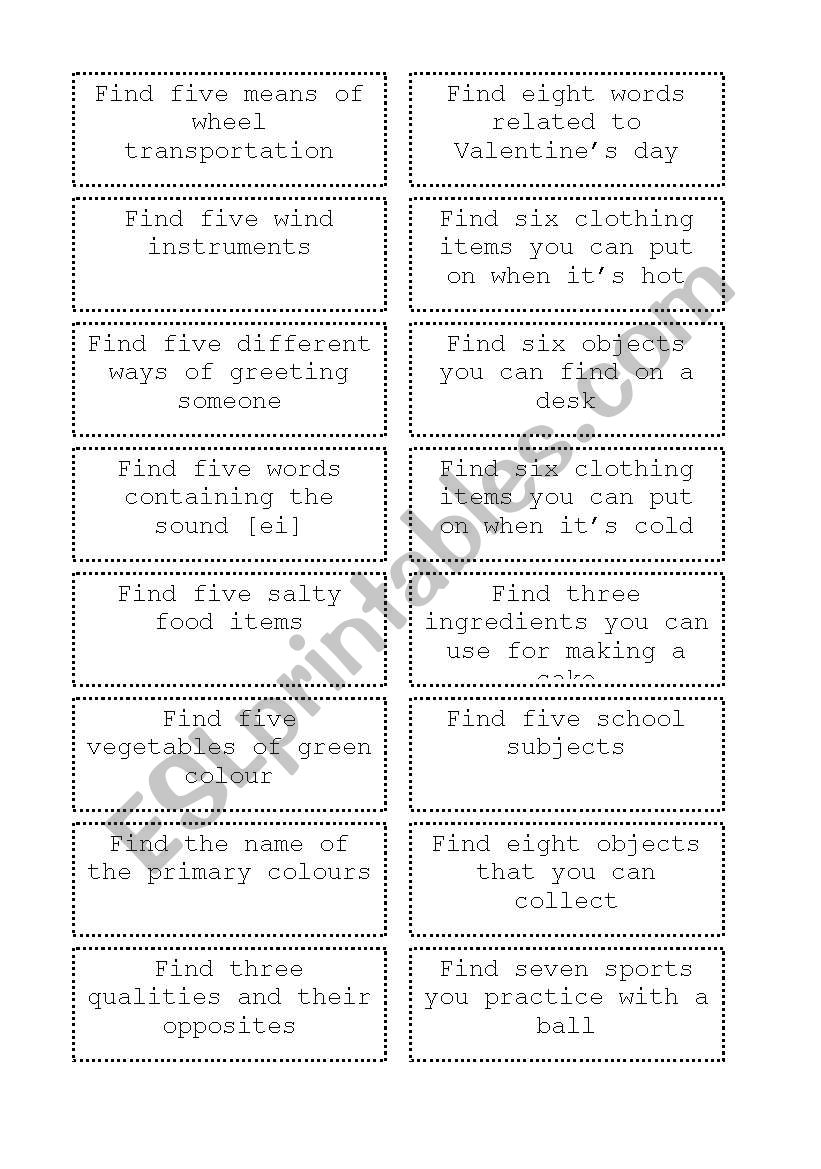 General vocabulary game worksheet