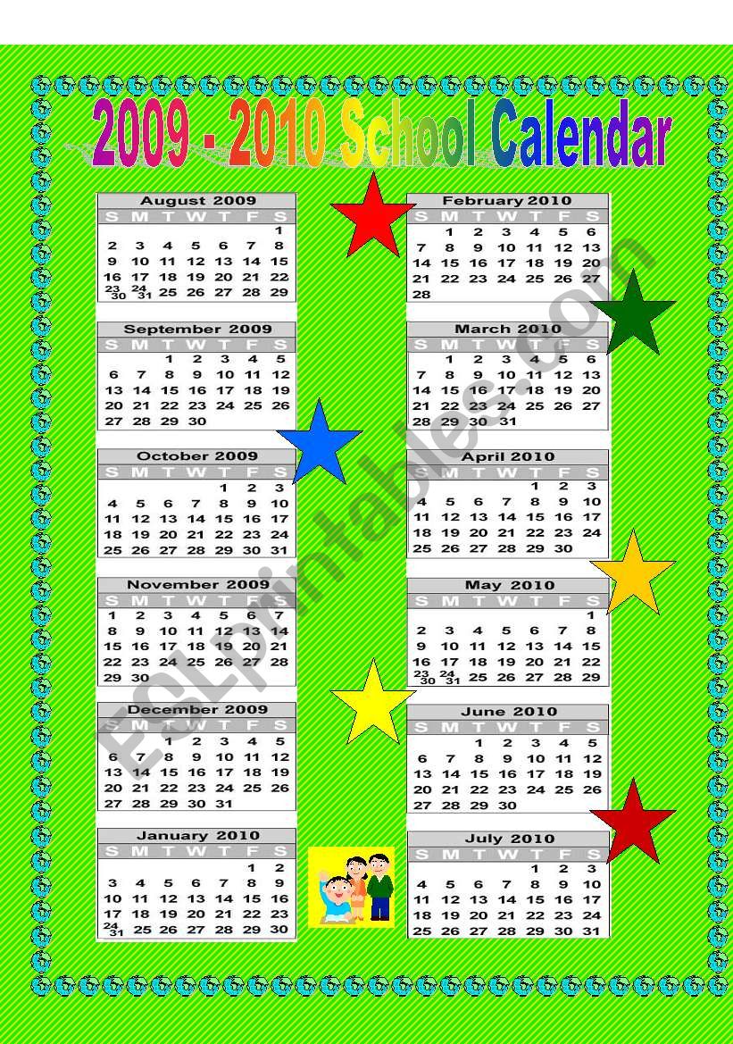 School Calendar 2009 - 2010 worksheet