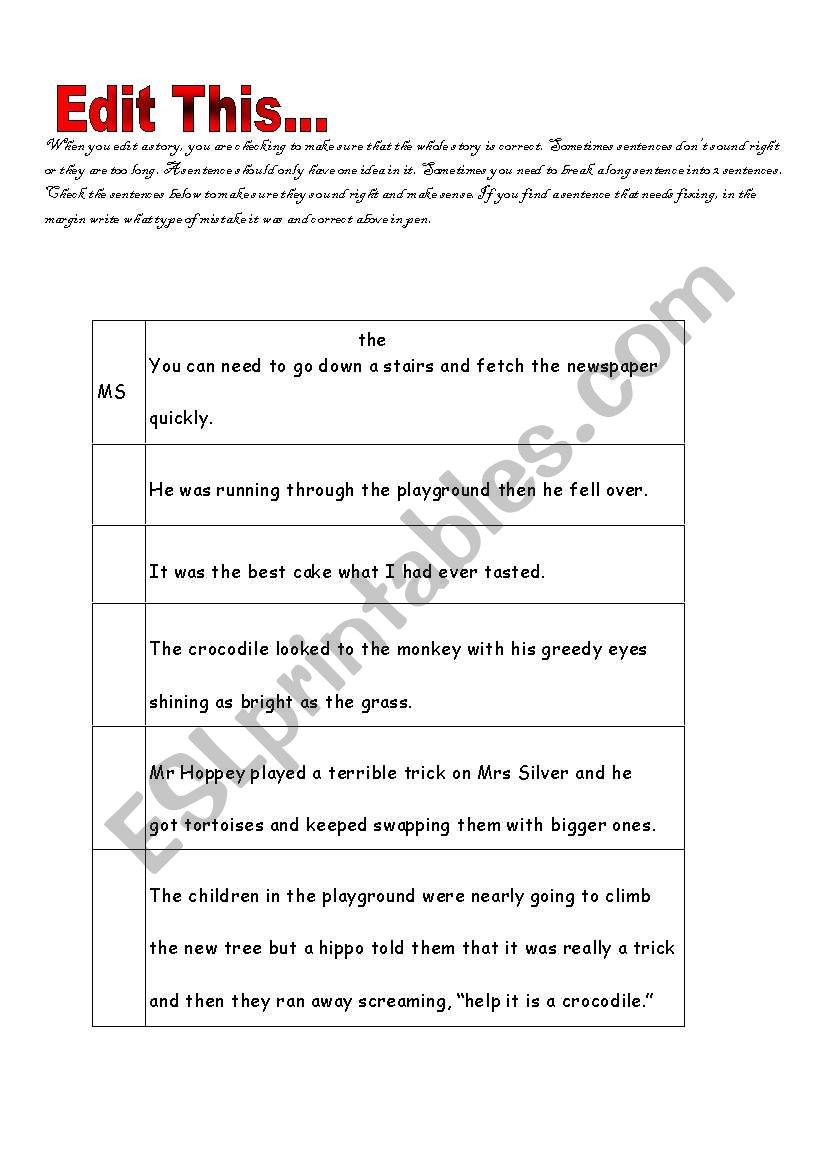 Editing Sentences worksheet