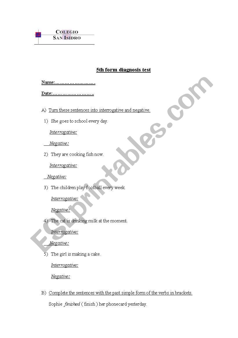Diagnosis test worksheet