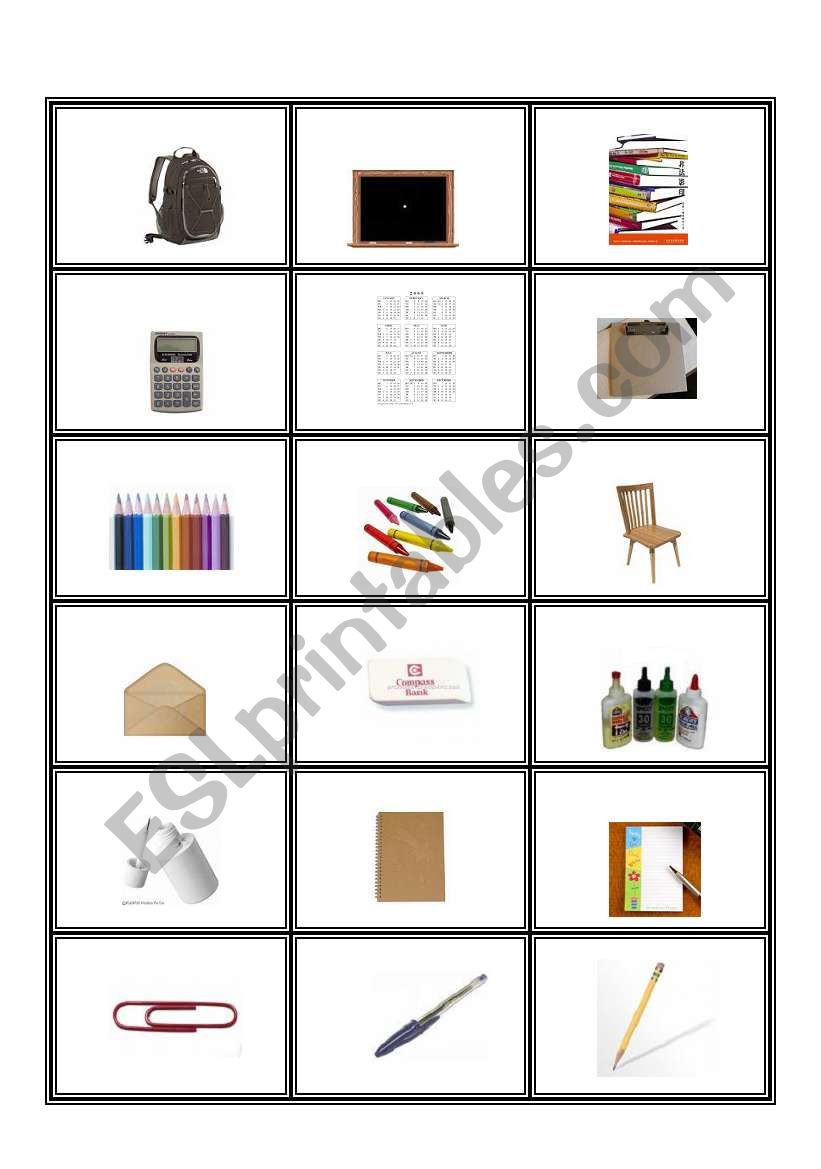 School Objects Memory game  worksheet