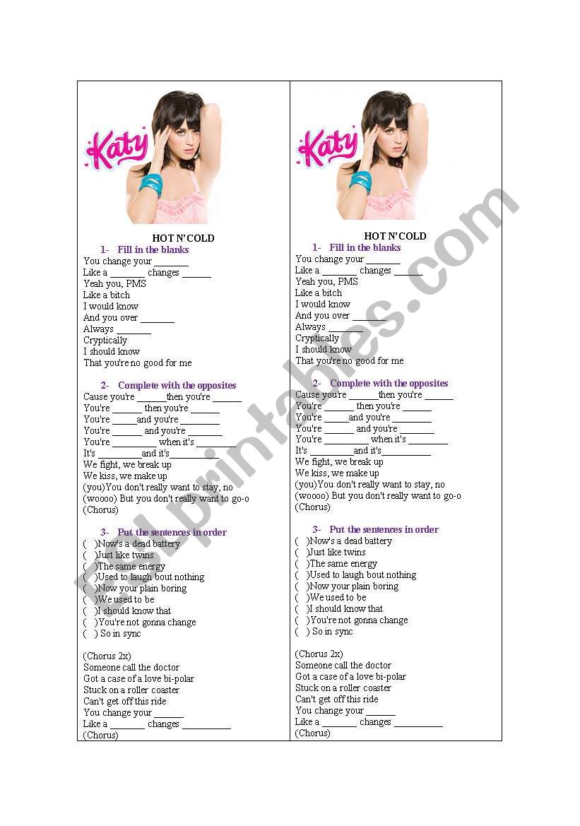 Hot nCold by Katy Perry worksheet