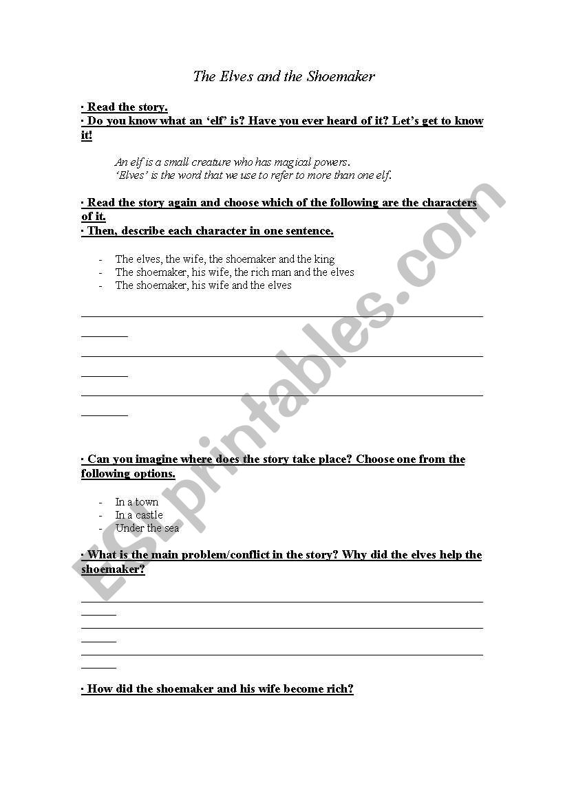 The elves and the shoemaker worksheet