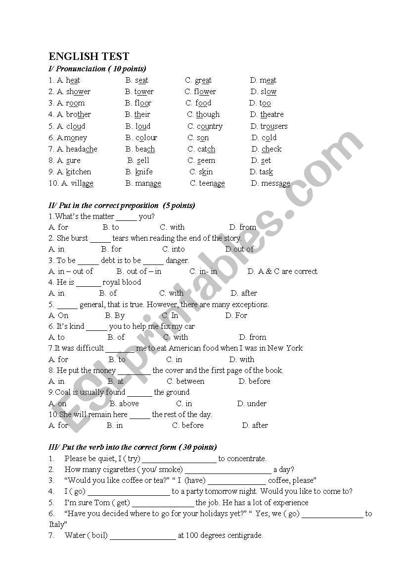 INTERMEDIATE LEVEL TEST worksheet