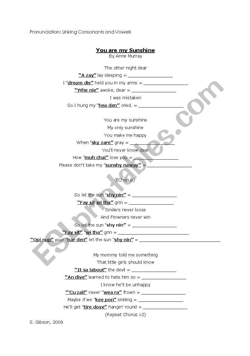 you are my sunshine lyrics - ESL worksheet by vassoula35