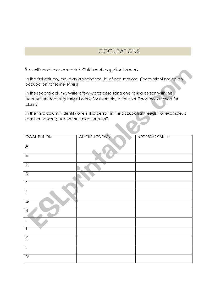 occupations A-Z worksheet