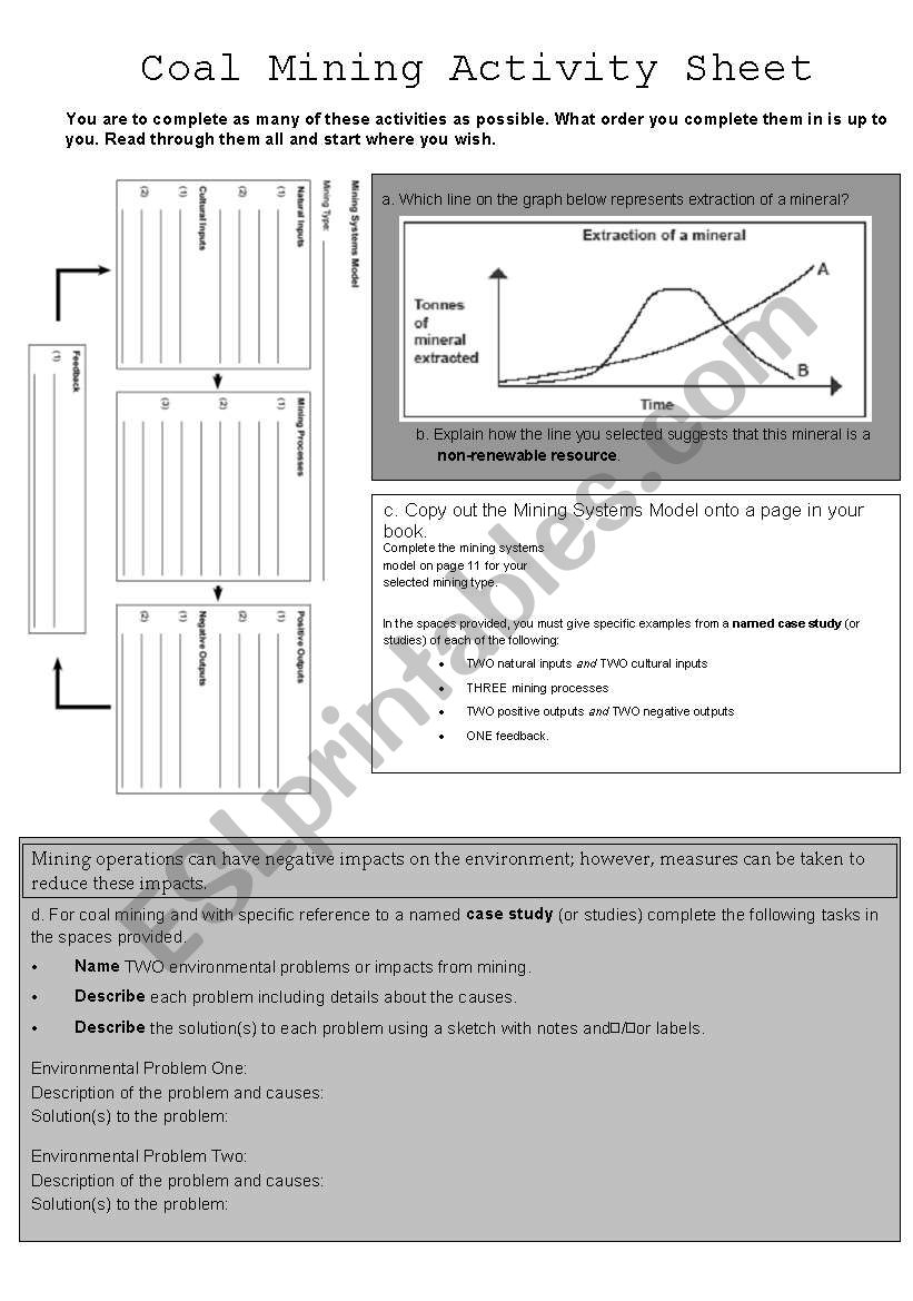 Coal Mining Activity Sheet worksheet