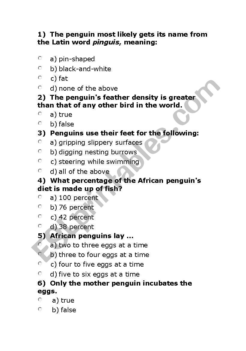 Penguin Quiz worksheet
