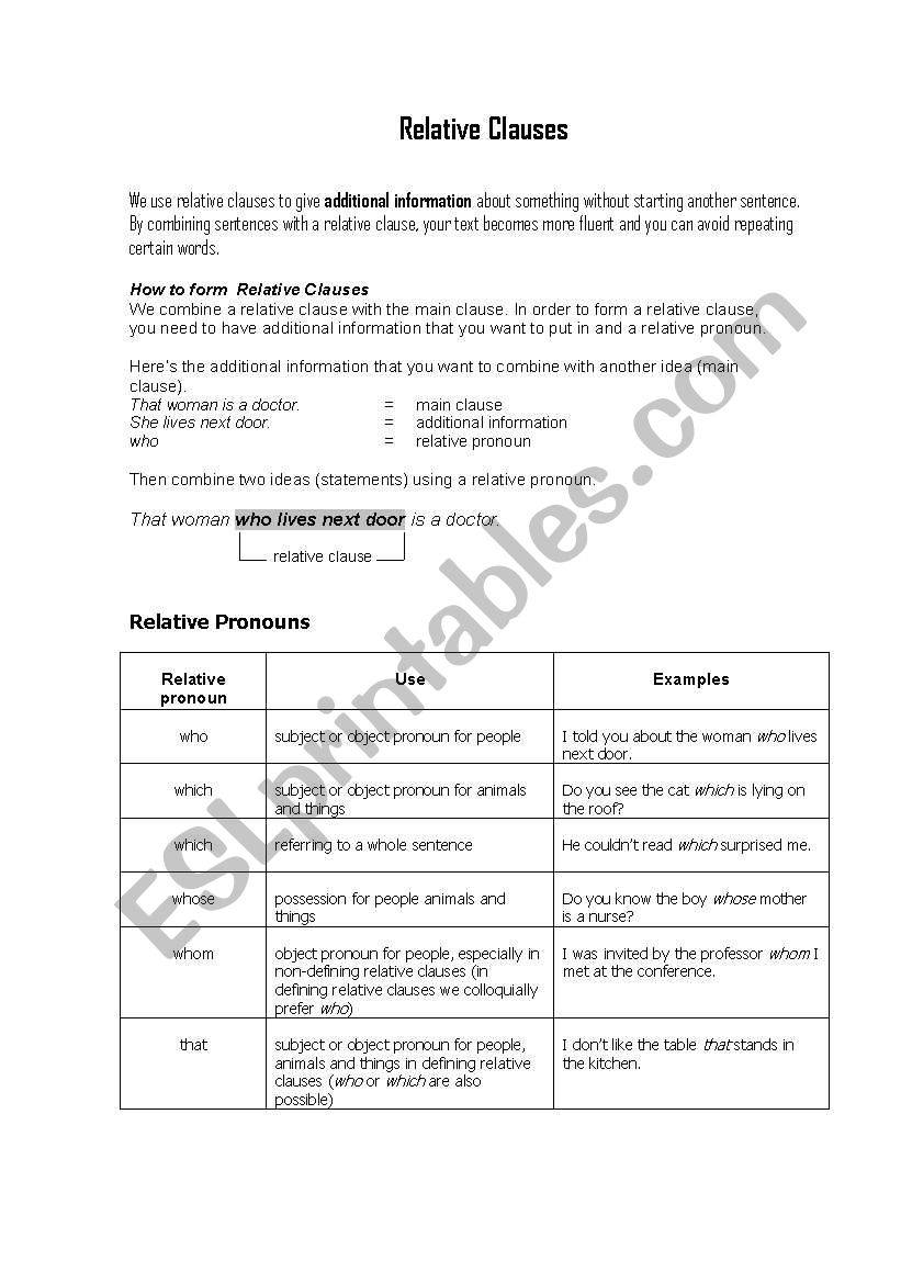 Relative Clauses worksheet