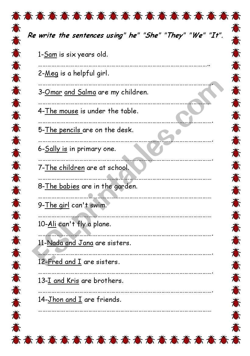 re-write the sentences using prououns - ESL worksheet by abo kerdan