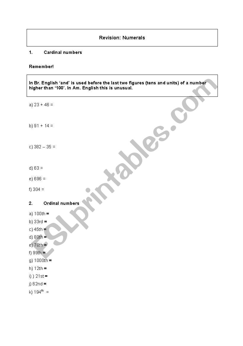 Numerals worksheet