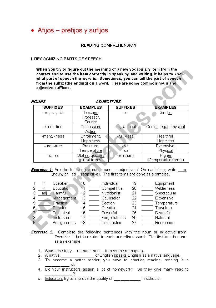 Affixes worksheet