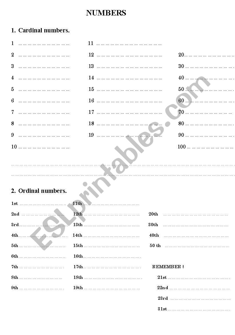 CARDINAL AND ORDINAL NUMBERS worksheet