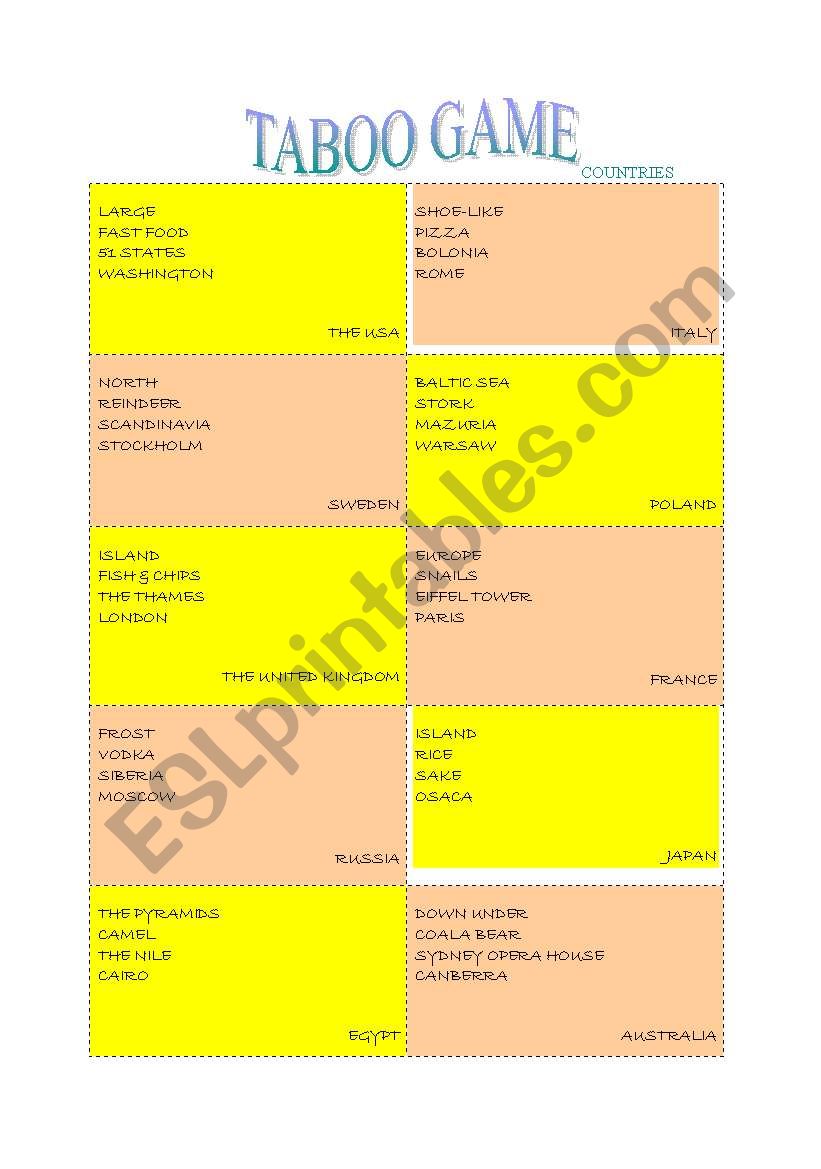 countries taboo game worksheet