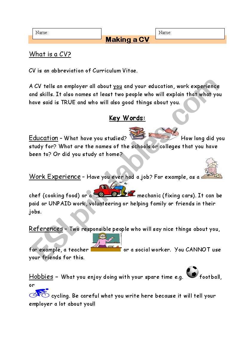 Making A Curriculum Vitae worksheet