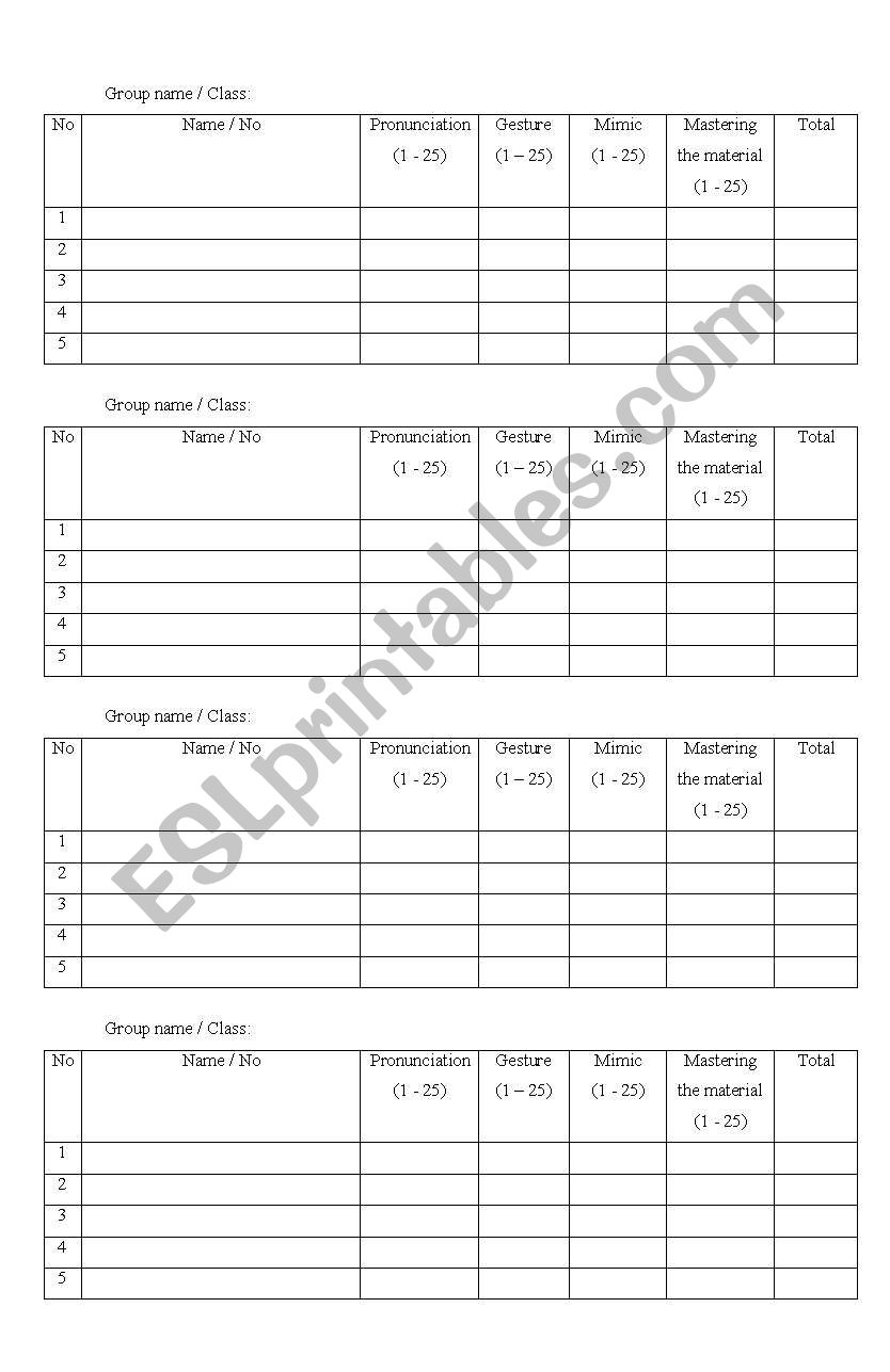 Speaking assasement form worksheet