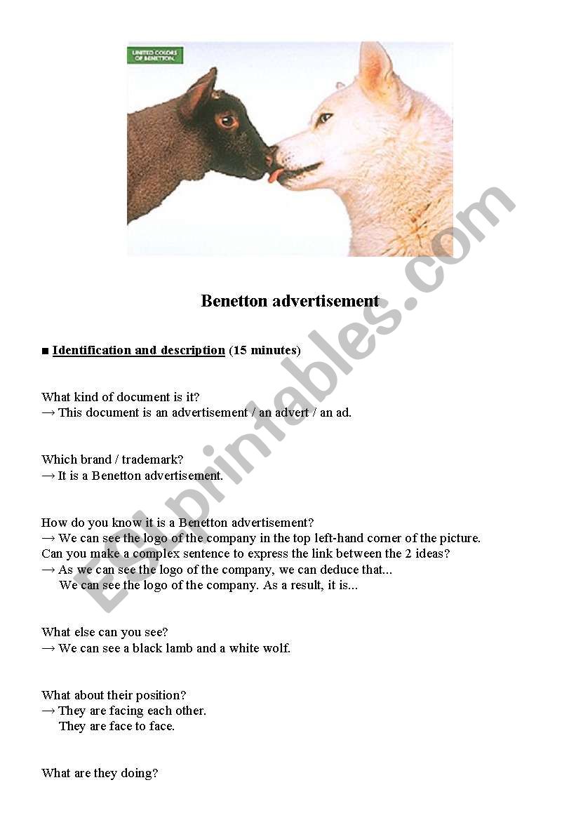 Benetton ad worksheet