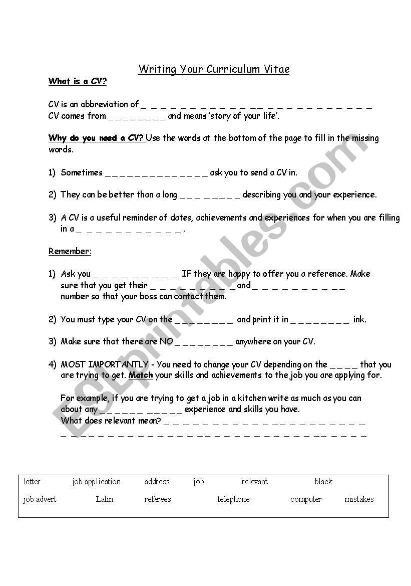 Preparation for Writing a CV worksheet