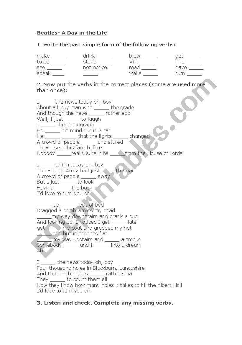 Beatles- A Day in the Life worksheet
