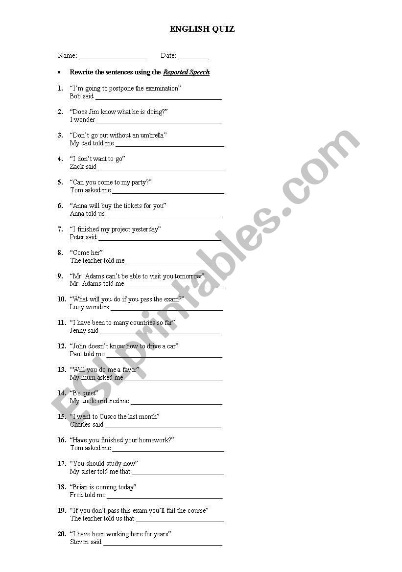 Reported Speech worksheet