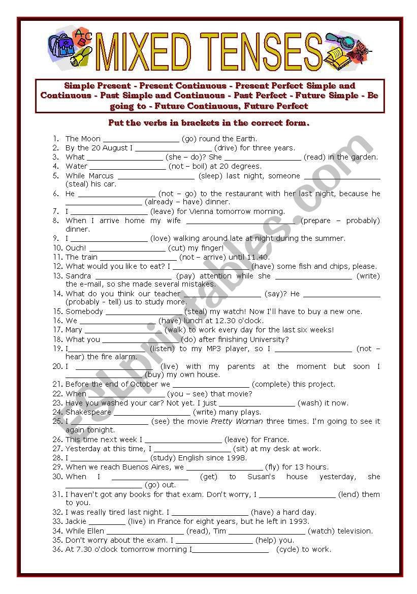 Mixed Tenses With Keys ESL Worksheet By Anneclaire