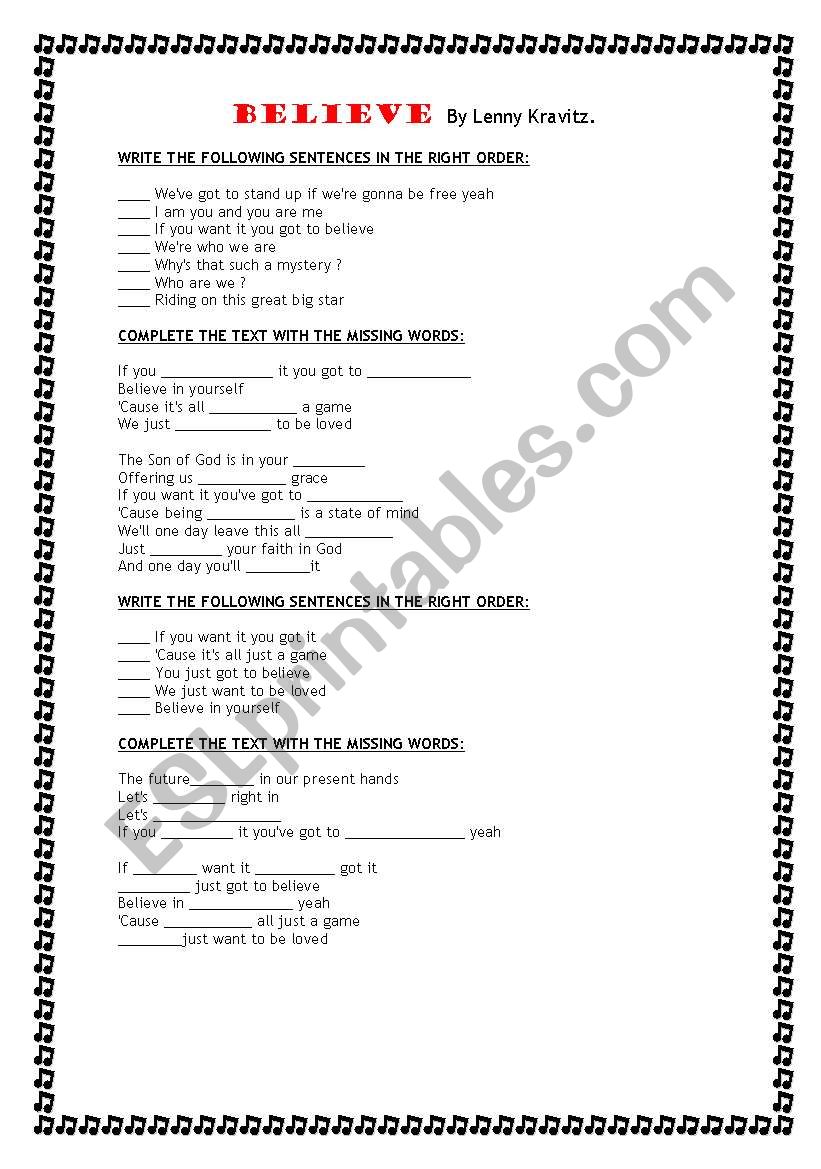 BELIEVE song by Lenny Kravitz worksheet